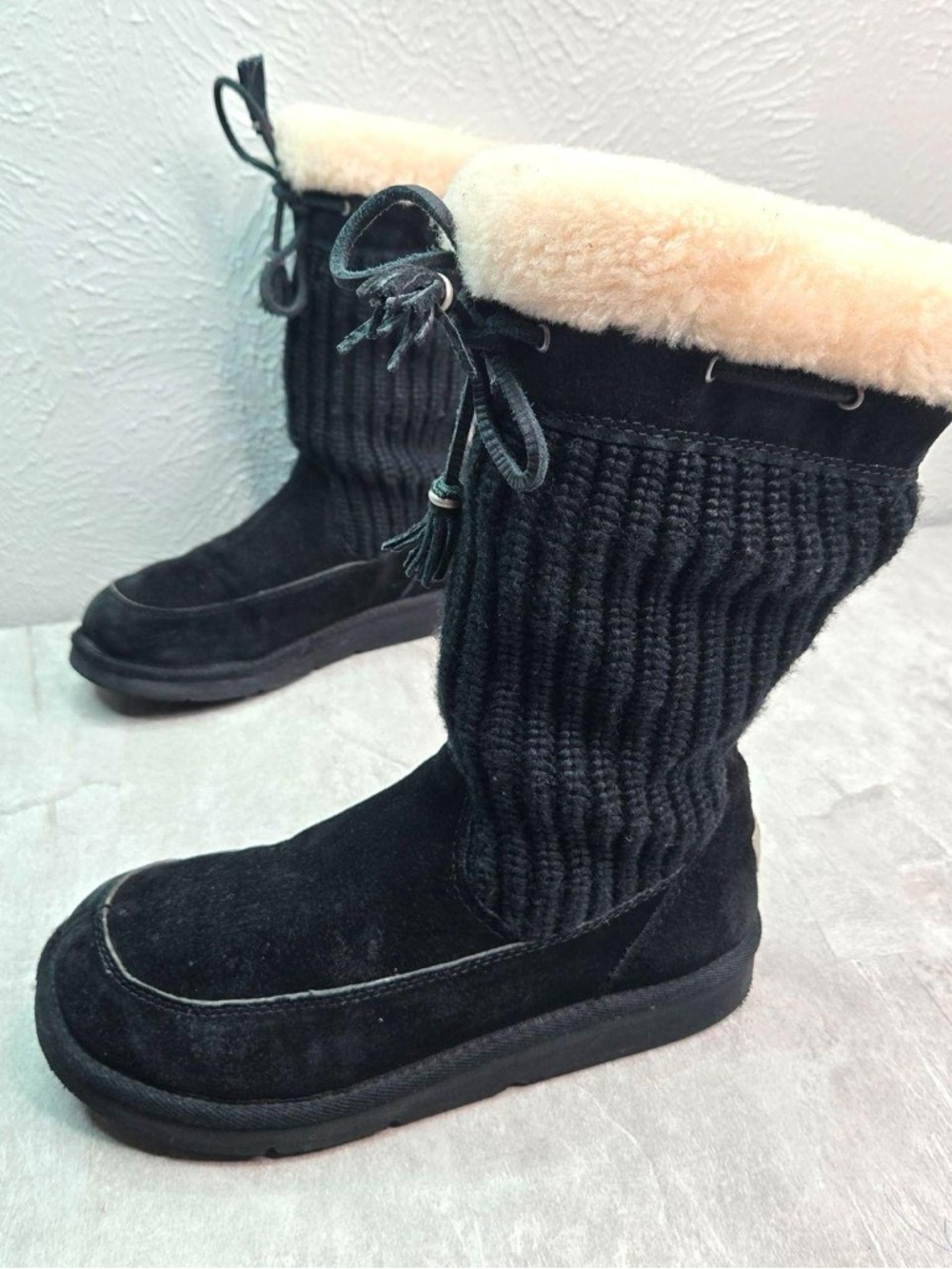 UGG Black Faux-Suede Knit Snow Boots with Shearling Trim 8